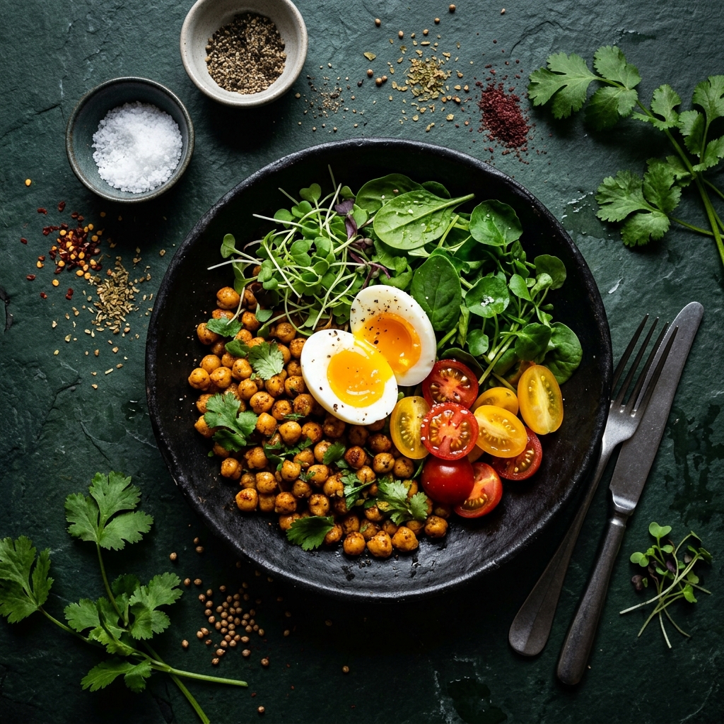 Signature Chickpea Salad with egg and tomatoes