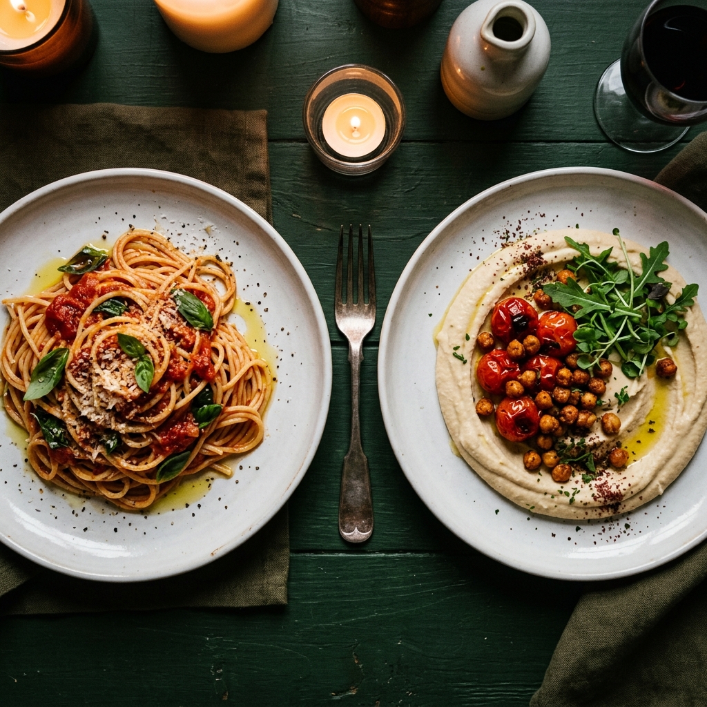 Two plates showing handmade spaghetti tomato pasta and creamy hummus side-by-side